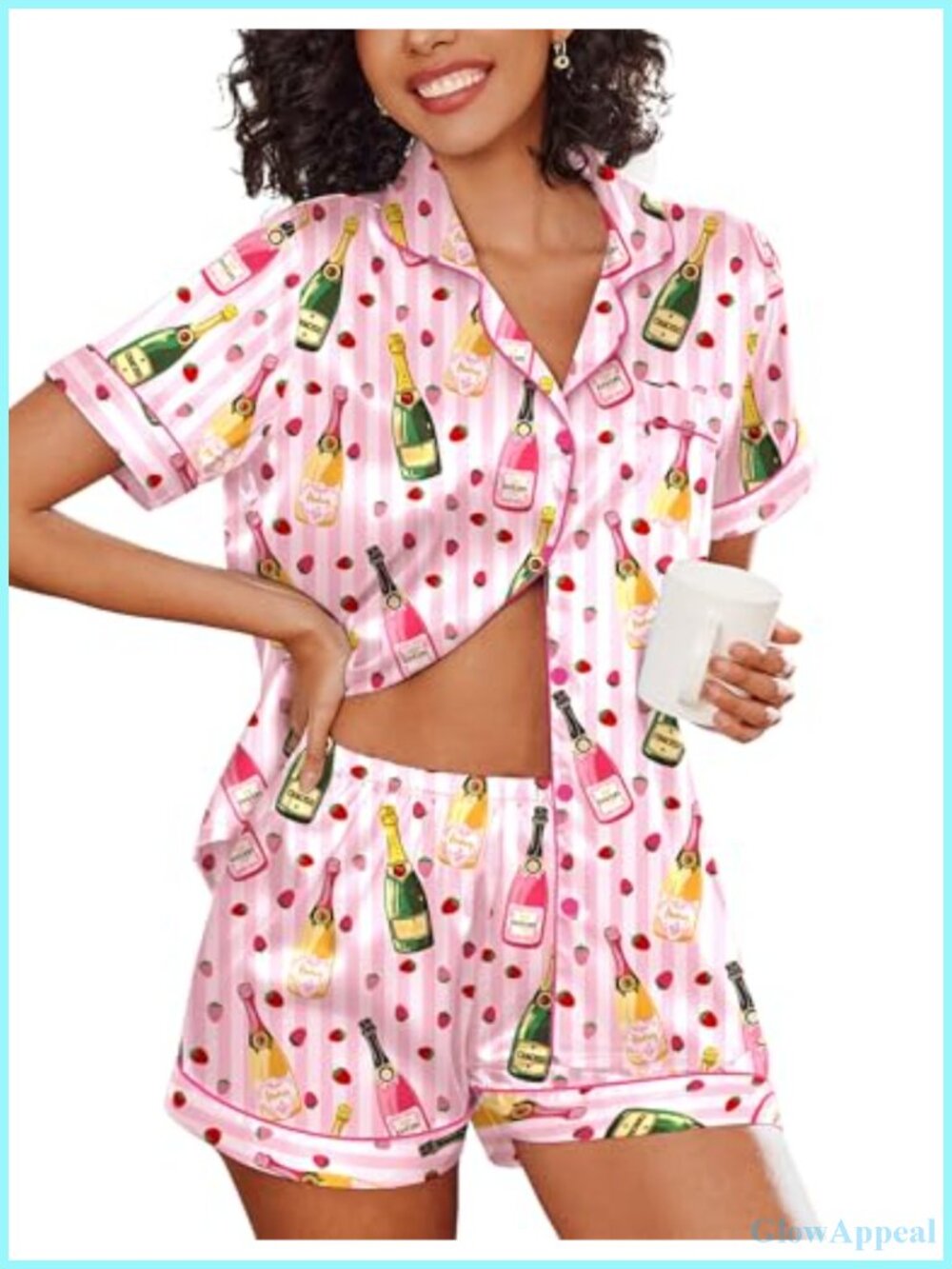 Satin Pajama Set Short Sleeve Button Down Top & Shorts 2 Piece Sleepwear